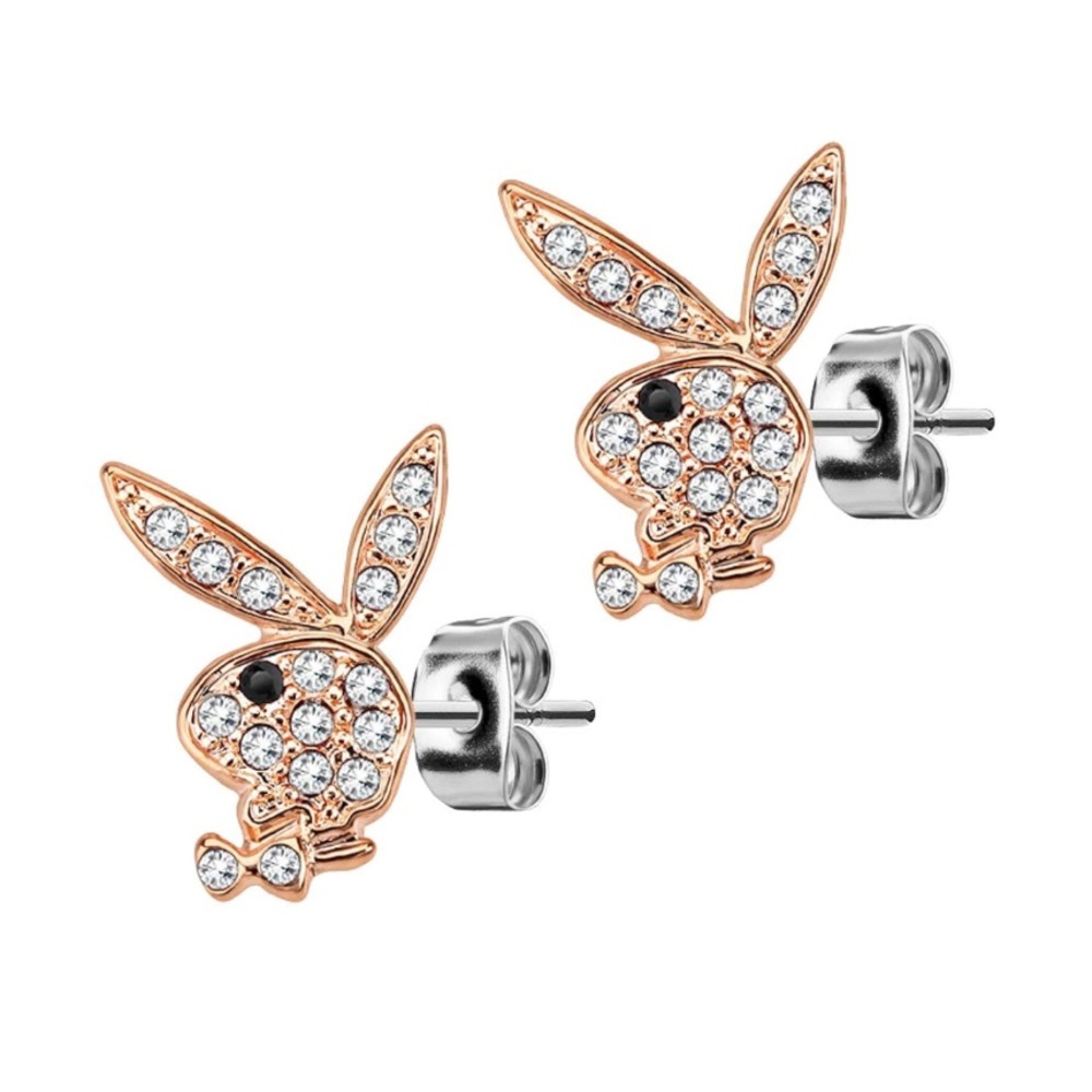 NEW PLAYBOY Rose Gold Playboy Bunny Surgical Steel CZ Stone Stud Earrings